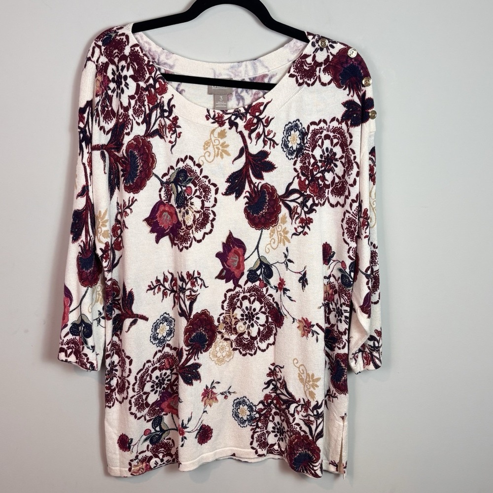 Chicos Women's Cashmere Blend Floral Knit 3/4 Sleeve Blouse sz 3/ US XL Stretch